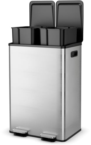 LIFEZEAL 60 Liter Rechteckiger Mülleimer, Abfalleimer Küche 2 Fächer, Tretmülleimer mit Sanft Schließendem Deckel & Griffe, Küchenabfalleimer aus Edelstahl, Treteimer für Küche Büro Wohnzimmer | Treteimer aus Edelstahl mit 2 Inneneimer aus Kunststoff und Deckel für Küche und Wohnzimmer