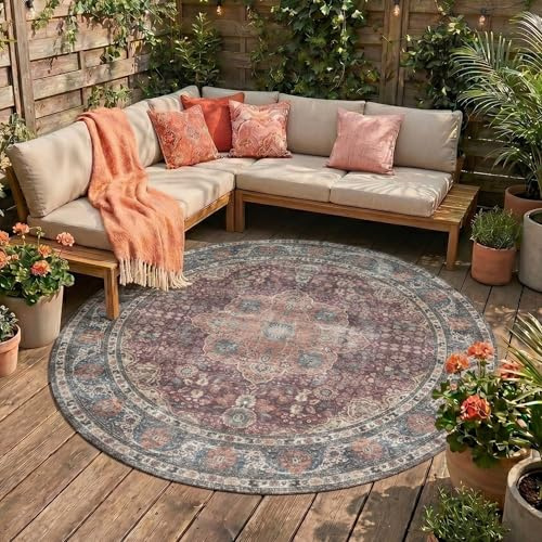 In- & Outdoor Teppich Rund - Kairo Medaillon Bordeaux Rot - Ø 120 cm | Wetterfest - Polypropylen - Wohnzimmer, Esszimmer, Balkon, Garten / Terrasse - Terrasse teppich - Outdoor rug