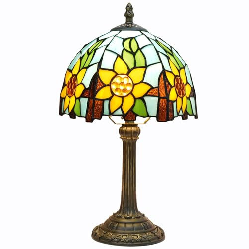 BOTOWI Tiffany Tischlampe, Glyzinie Rose Buntglas Lampenschirme mit Harz Basis Nachtlicht, Schlafzimmer Nachttischlampe, handgemachte Haus Büro Wohnzimmer Schreibtisch Licht, H14.4 W8,Sunflower