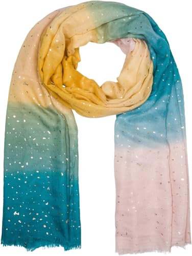 styleBREAKER Damen Schal mit mehrfarbigem Farbverlauf und Metallic Details, Leichtes großes Tuch mit kurzen Fransen 01016226, Farbe:Petrol-Curry-Beige