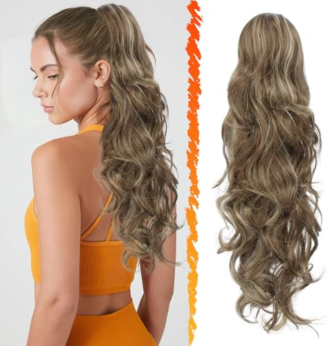 BARSDAR Lockige Gewellt Pferdeschwanz Extension Highlight, 50cm Haarverlängerung Mit Kordelzug für Frauen Synthetik Clip in Haarteil - Aschbraun & Blond