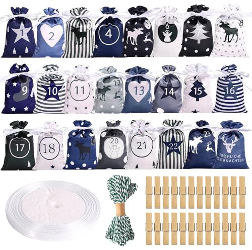 PRITOK Adventskalender zum Befüllen: 24 Adventskalender Selber Befüllen Kinder Stoff, Weihnachtskalender Filzsäckchen Kette zum selber befüllbar und Aufhängen, Blau Grau Stoffbeutel