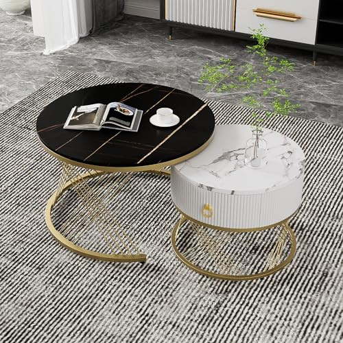 Merax Rund Couchtisch Set, 2-in-1 Beistelltisch Satztisch mit Stauraum Modern Wohnzimmertisch mit Hochglanz-Marmor-Optik, Golden Metallgestell/Nesting-Design, für Wohnzimmer Büro(Schwarz)