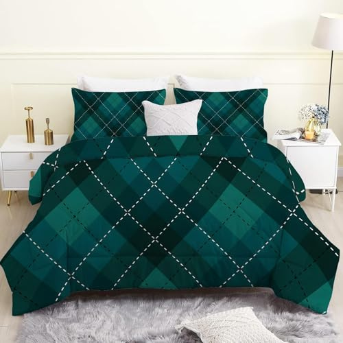 LSSLK Piumino Letto Matrimoniale 4 Stagioni 220x240 cm, Tartan Scozzese Reversibile Piumone Leggero 240x220 cm, Plaid Verde Coperta Trapunta in Microfibra con 2 Federe, Lavabile in Lavatric