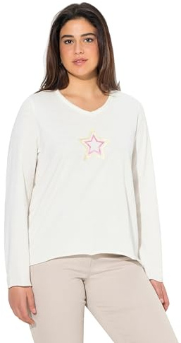 Ulla Popken Femme T-Shirt avec étoiles et Bords roulottés, décolleté en V et Manches Longues, Coupe évasée Blanc cassé 50+ 831705200-50+