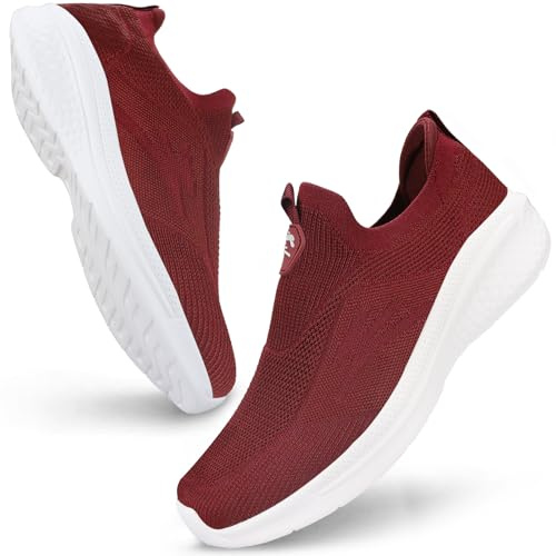 Giniros Schuhe Herren Laufschuhe Slip On Sneaker Leichte Atmungsaktiv Sportschuhe Bequem Turnschuhe für Outdoor Fitness Straßenlaufschuhe Walkingschuhe, Rot 43EU