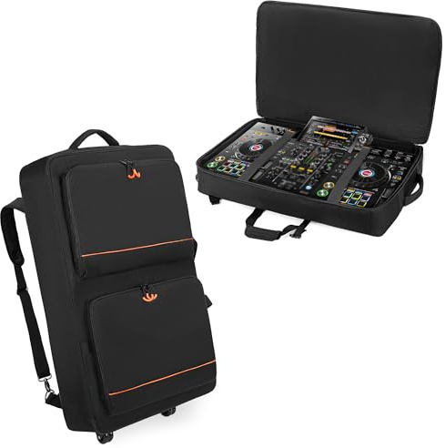 Rexmica DJ Controller Bag Backpack with Wheels Compatible with Pioneer XDJ RX2/ XDJ RX3/ XDJ-RX/DDJ FLX10/ DDJ REV7/ DDJ 1000, Wheeled DJ Carrying Case with 2 Accessory Pocket, Padded DJ Mixer Bag