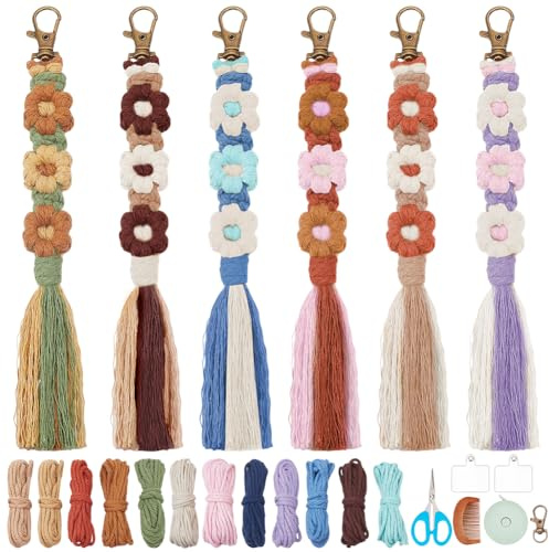 PLIGREAT 6 Sets Bricolage macramé Fleur Porte-clés Kit pour débutants lanière en macramé Fait à la Main pour téléphone clé Sac à Main Sac à Main décor Femmes téléphone Bracelet Sangle