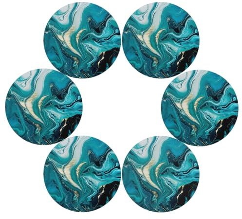 Marble Turquoise Round Placemats Set of 6, Abstract Teal Place Mats for Plates Dishes Non-Slip Washable Table Mats for Home Kitchen Dining Table