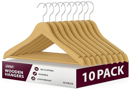 ZENO Wooden Coat Hangers 10 Pack | 360 Degree Rotatory Hook Hangers For Clothes | Round Trouser Bar & Shoulder Notches | Durable Wardrobe Space Saver | Suitable for Coat, Jacket, Suit, Jumper