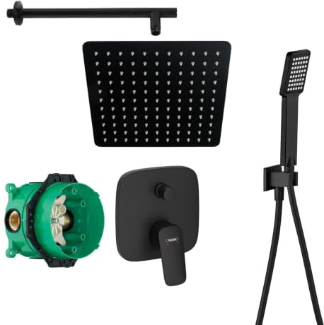 vanvilla Duschsystem Unterputz mit Duscharmatur Hansgrohe schwarz HGS51 | Duscharmatur von Hansgrohe Logis Einhebelmischer und vanvilla Regendusche Duschkopf eckig, Dusch-SET schwarz matt