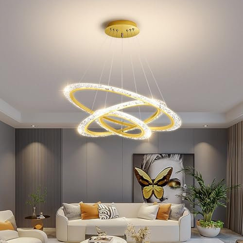 Aleaty LED Hängeleuchte Golden Pendelleuchte Esstisch Höhenverstellbar Runde 3-Kreis-Entwurf Lampenschirm Dimmbare Mit Fernbedienung 3000K-6000K Acryl Hängelampe (3 Ringe: (Ø40+60+80cm))