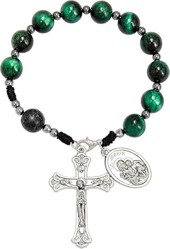 Nazareth Store Tiger Eye Beads One Decade Rosenkranz Handgefertigter Taschenspiegel mit Saint Joseph Medaille und Jesuskreuz in antikem Silber Vulkanstein Reisefreundlicher Rosenkranz