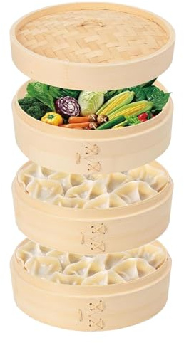 JMIATRY 3 Tier Bamboo Steamer 8 Inch Dumpling Steamer Basket With Side Handles Bamboo Steamers Basket With Lids for Steaming Cookware Asian Food, Bao Buns, Chinese Dim Sum, Dumpling