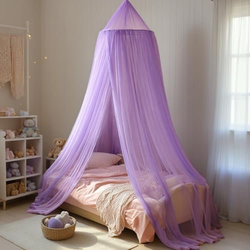 Ginkago Canopy Mosquito Net for Single Bed and Home Décor, Elegant Bed Canopy Curtains for Bedroom, Travel, Indoor & Outdoor (Purple)