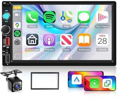 Hodozzy Double Din Car Radio with Wireless Carplay and Android Auto, 7 Inch HD Touchscreen Bluetooth MP5 Car Stereo with FM, Mirror Link Car Head Unit USB/AUX/TF/Type-C/Video Playback with Camera