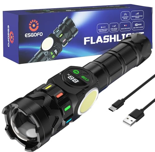 Esgofo Rechargeable Flashlights High Lumens 100000 Long Lasting LCD Display, Super Bright 50W LED, Quick USB C Charge & Output, Double Source & Buttons with Red Light, for Home Camping Hiking