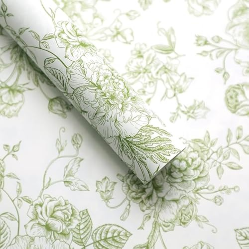 DWUENT Drawer Liners, Vintage Floral Drawer Liner Paper for Bedroom Wardrobe Kitchen Cabinet - Waterproof, Non-Adhesive, Cut-to-Fit Lining Paper - 20 Sheets, 35x50cm, Green