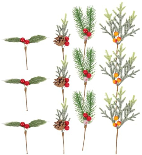 VALICLUD 12 Pezzi Decorazioni Natalizie Aghi di Pino Artificiali con Bacche Rosse e Pigne Mini per Rametti con Punte Innevate Resistenti e Facili da Pulire per Addobbi Festa e Casa