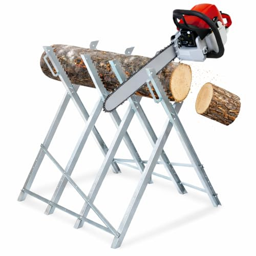 Hebitod Caballete de madera estable de acero con 4 soportes de dientes, galvanizado, plegable, soporta hasta 150 kg, ayuda para sierras de cadena, ahorra espacio, plegable para troncos de árboles de