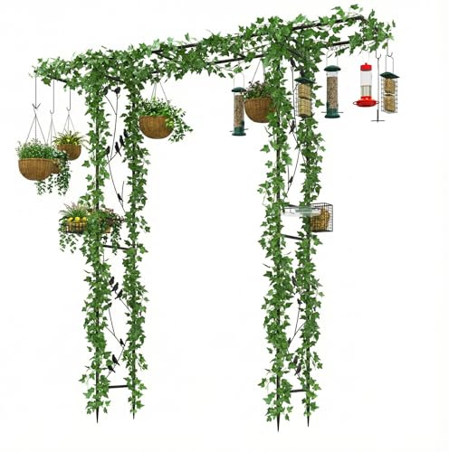 COSTWAY Arche de Jardin et Station de Suspension pour Mangeoires à Oiseaux 2 en 1, Treillis Arc Robuste avec Bol d'eau Plateau en Filet, Arche Décorative Extérieure pour Plantes Grimpantes (Noir)