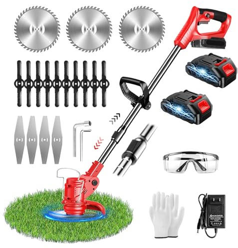 Desbrozadora eléctrica con batería de 21 V, con batería, 3 tipos de cuchillos, cortador de bordes de césped con 2 baterías de 2,0 Ah y cargador, cabezal ajustable, mango telescópico para jardín