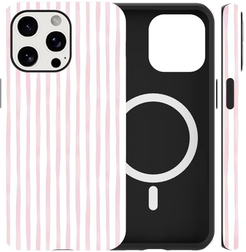Kivlclri Righe Cover Magnetica per iPhone 15 Pro Max 6,7, Compatibile con Magsafe Custodia Aesthetic Estivi Rosa Bianco Striped Disegno Motivo Antiurto Silicone Posteriore Ragazze Case, Stripes