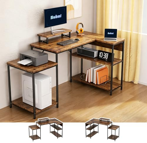 Submi Scrivania ad Angolo Reversibile 152x80cm, Scrivania Ufficio a L con Scaffali Aperti Supporto Monitor, Regolabile in Altezza Scrivania Gaming per Computer, Ufficio, Studio, Marrone