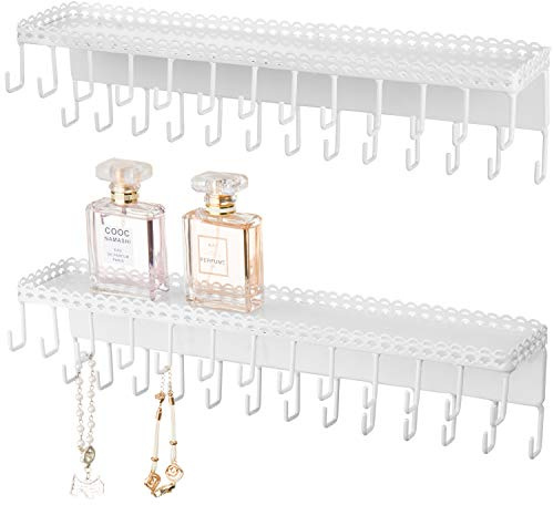 MyGift White Metal Wall-Mounted Jewelry Hanging Shelf with 26 Necklace Hooks, Set of 2