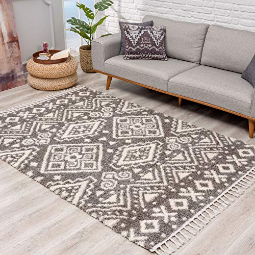 carpet city Teppich Hochflor Wohnzimmer - Ethno Geo Design 80x300 cm Grau Creme - Teppich-Läufer mit Fransen