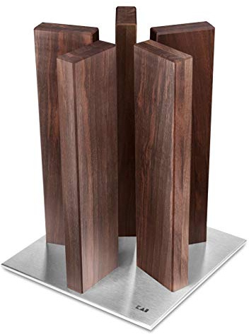 KAI Bloc à couteaux magnétique Stonehenge en noyer avec base en acier inoxydable - bois haut de gamme - pour 10 couteaux - dimensions 21 x 21 x 28-30 cm