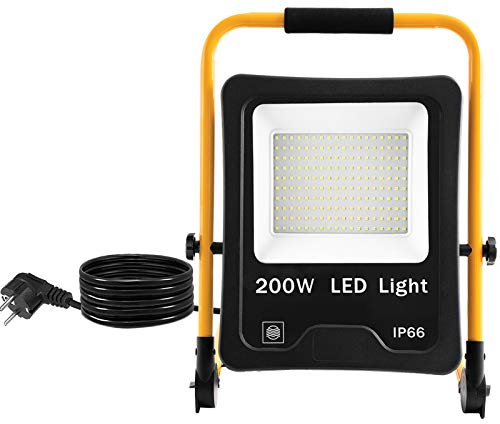 Aufun 200W LED Strahler Tragbar mit Stecker, LED Baustrahler mit 3m Netzkabel, Baulampe mit Klappbügel einstellbar Fluter Flutlicht, IP66 Wasserdicht für Baustelle, Werkstatt, Garage, Kaltweiß