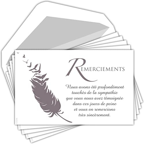 Afie C5266 Pochette Lot de 5 cartes REMERCIEMENTS CONDOLÉANCES format 135x85mm avec 5 enveloppes blanches - Plume Oiseaux