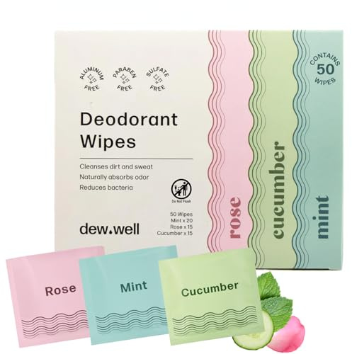 Dew Well Deodorant Wipes - On-the-Go Travel Deodorant - Fresh Mint, Rose & Cucumber Scents Body Wipes for Women - Aluminum, Paraben & Sulfate Free Mini Toiletries - 50 Count, Mint/Rose/Cucumber