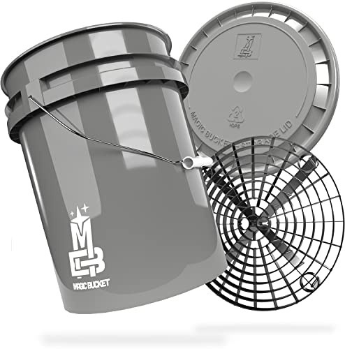 MAGIC BUCKET Car Hand Wash Bundle | Wash Bucket with Matching Bucket Lid 5 US Gallons Approx. 20 Litres | With Grit Guard Bucket Insert Dirt Strainer | Washing Set Grey/Black