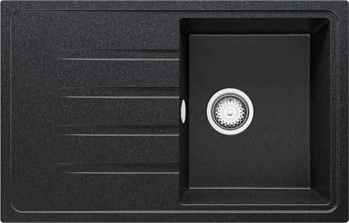 PRIMAGRAN Spülbecken ab 45er Unterschrank + Ablauf-Set, 78x50cm | Set: Ablauf-Set (Siphon, Ablaufgarnitur, Überlauf) + Granitspüle 1 Becken - Mailand, Anthrazit