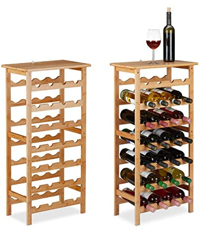 Relaxdays 2 Botelleros Vino Bambú, Mueble 28 Botellas, Vertical, 94 x 47 x 29 cm, Cocina, Sótano o Bar, con Repisa, Natural