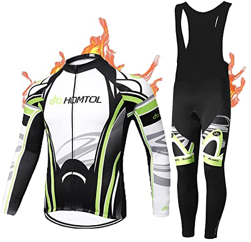 HOMTOL Radtrikot Set Langarm Herren Thermische Fleece Winter Radsportanzüge Fahrradtrikot und Fahrradhose mit Sitzpolster + 9D Gel