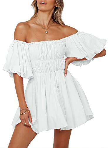 Dokotoo Off Shoulder Summer Dresses for Women 2026 Lantern Sleeve Elastic Waist White Dress Casual Ruffle A-Line Mini Dresses for Wedding Guest Small