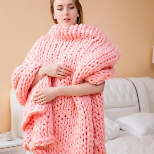Dazzluxe Chenille-Strickdecke Handgefertigt Weich Grob Gestrickt Häkeldecken Große Seilknoten-Überwurfdecke Für Sofa Bett Heimdekoration,Rosa,200x200cm/80x80