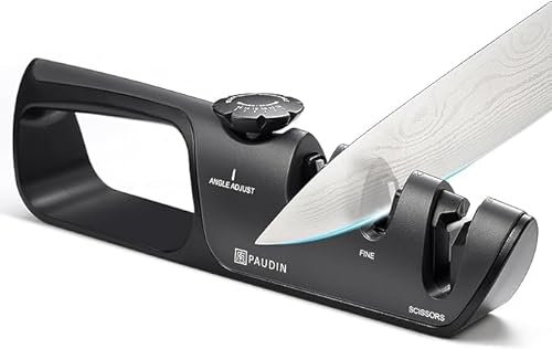 PAUDIN Professional Knife Sharpener UK, 3-Stage Adjustable Manual Sharpening Tool for All Kitchen Knives, Scissors, Serrated Blades with Non-Slip Grip
