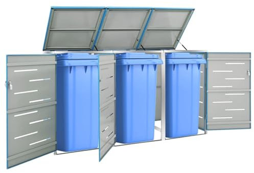 Cosisti Abri Poubelle Exterieur Triple Abri pour Poubelle Triple Conteneur pour 3 poubelles Cache-Poubelle Couvercle de Poubelle, Cache Poubelle Abri INOX-Bleu-3 poubelles
