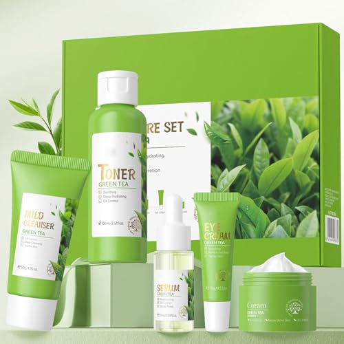 Green Tea Skincare Set, 5 Pcs Skincare Gift Set with Cleanser, Face Serum, Face Cream, Eye Cream, Toner , Skincare Kits For Teen Girls, Hydrating Facial Kit For Women