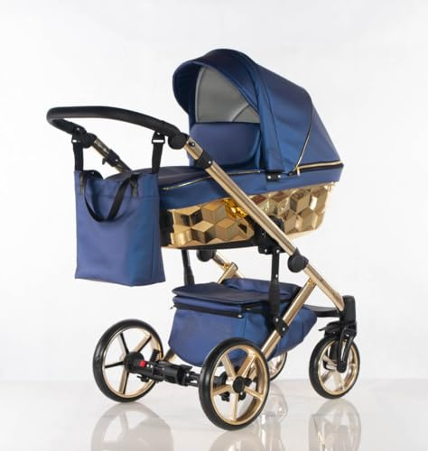 Trio CUBIC Kajtex BBtwin Ecuero Eco Kinderwagen mit goldenen oder silbernen Details, 3-in-1-Babywagen und Zubehör, Blau Gold