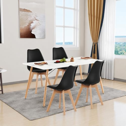 H.J WeDoo Esszimmergruppe Esstisch mit 4 Stühlen Essgrupp, Rechteckig Küchentisch und 4er Set Esszimmerstühle Sitzgruppe für Wohnzimmer Küche Büro(160x80cm Tisch+4 Schwarz Stühle)