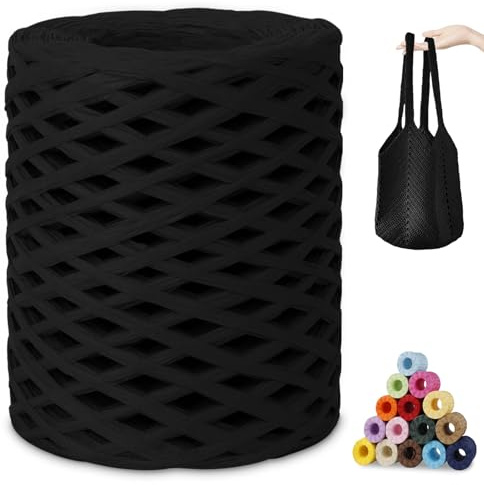 CAMAL Raffia Garn zum Häkeln, Papierdraht Bastband zum Basteln 3mm x 200m Raffia Bast Bunt Papiergarn zum Häkeln Von Taschen, Strandmütze, DIY Handarbeiten (Schwarz)