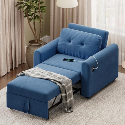 Hadibio Single Sofa Bed, Convertible Velvet Sleeper Sofa Chair with Storage Pockets, 3 Adjustable Backrest and USB & Type-C, 3-in-1 Pull Out Sofa Bed for Living Room, Bedroom, Blue