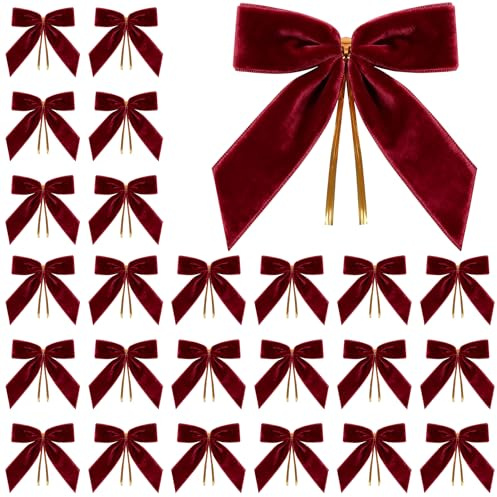 Miaikoe 24 Pcs Velvet Christmas Bows for Christmas Tree, Wreath, Garland, Gift Wrapping, Crafts, Wedding, Party, Twist Tie Bows for Home Holiday Decor (Width of 2.5 CM, 8.9 x 8.9 CM, Burgundy)