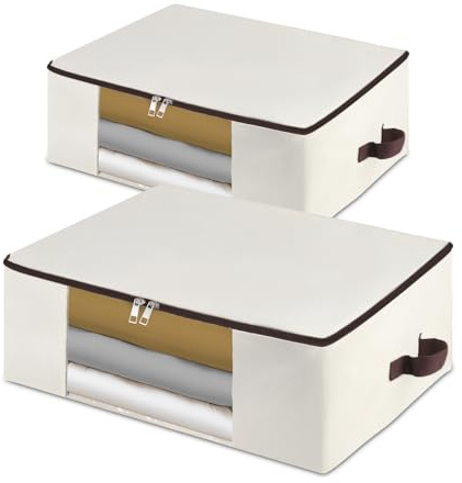 Confezione da 2 sacchetti in tela di cotone da 65 x 45 x 23 cm, con finestra in PVC trasparente, ideali per abbigliamento stagionale, trapunte, utensili da viaggio, conservazione sotto il letto