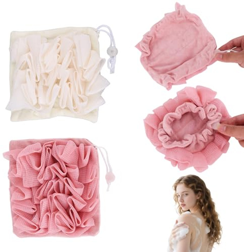 2pz Guanto di Luffa per Saponetta, 2-in-1 Spugna Esfoliante con Cordino Riutilizzabile Spugna da Doccia a Rete per Levigare la Pelle & Detergere Il Corpo (Rosa, Beige)